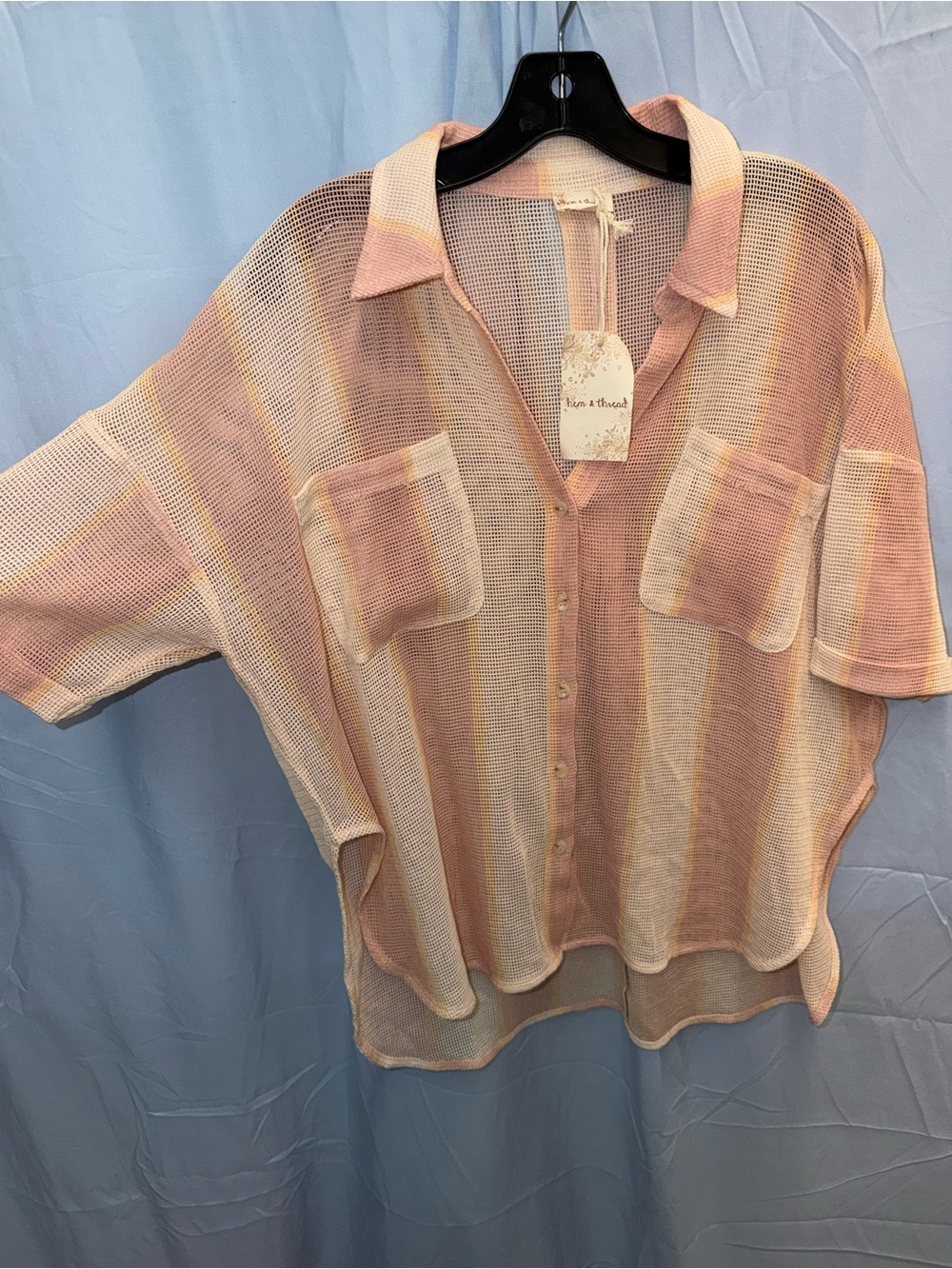 Hem & Thread Open-Weave Knit Top in Dusty Pink and Cream